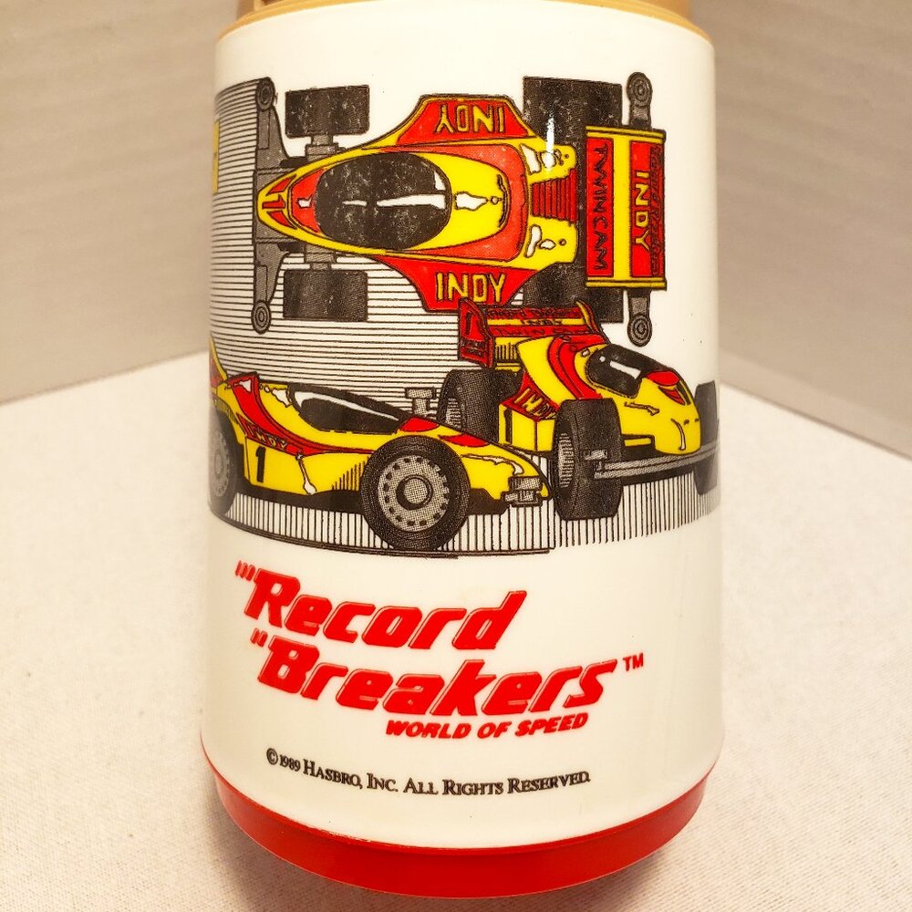 1989 HASBRO INDY PHANTOM "RECORD BREAKERS WORLD OF SPEED" THERMOS - TRUE VINTAGE
